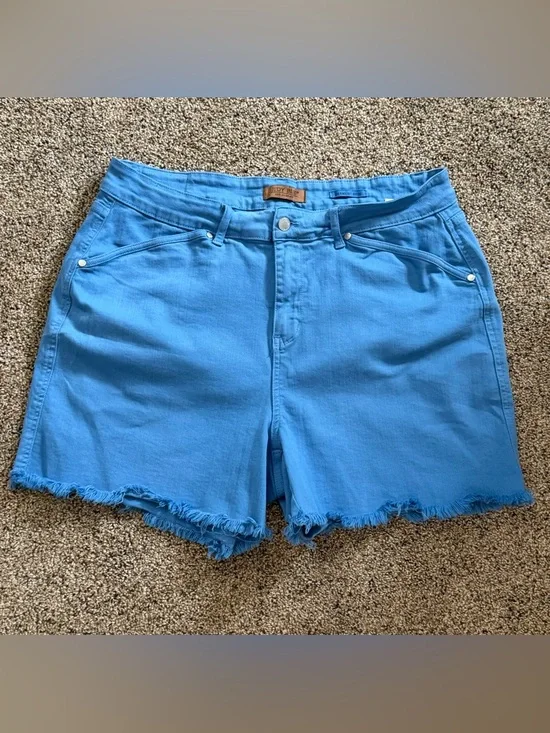 Judy Blue Bright Blue Frayed Hem Denim Shorts - Picture 1 of 3